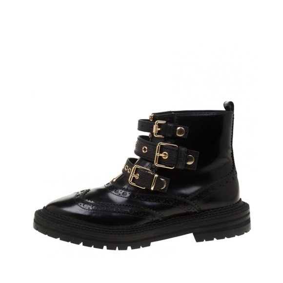 $1500 Burberry Black Brogue Leather Everdon Ankle Boots 38 (TC10) MISSING BUCKLE - Picture 1 of 10